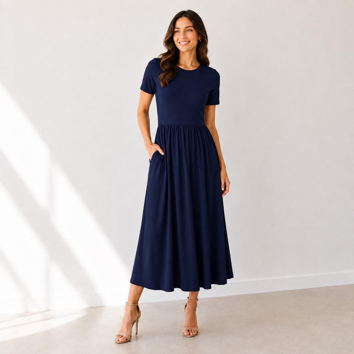 Rayon Spandex Maxi Dress, Crew Neck, Gathered Waist, Pockets, Everyday Wear