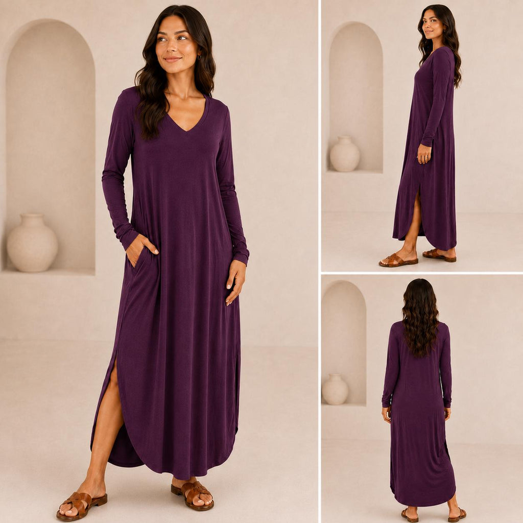 Women's Long Sleeve Maxi Dress: V-Neck, Side Slits, Pockets (Rayon Spandex)