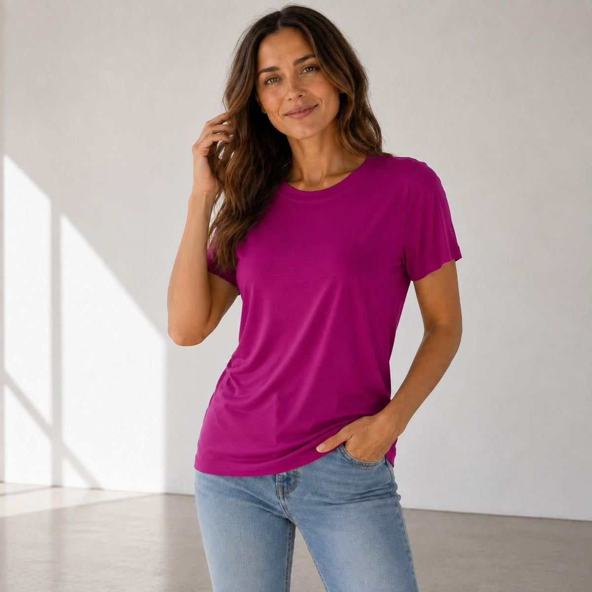 Soft Rayon Spandex Crewneck Tee: Comfortable Everyday Drape