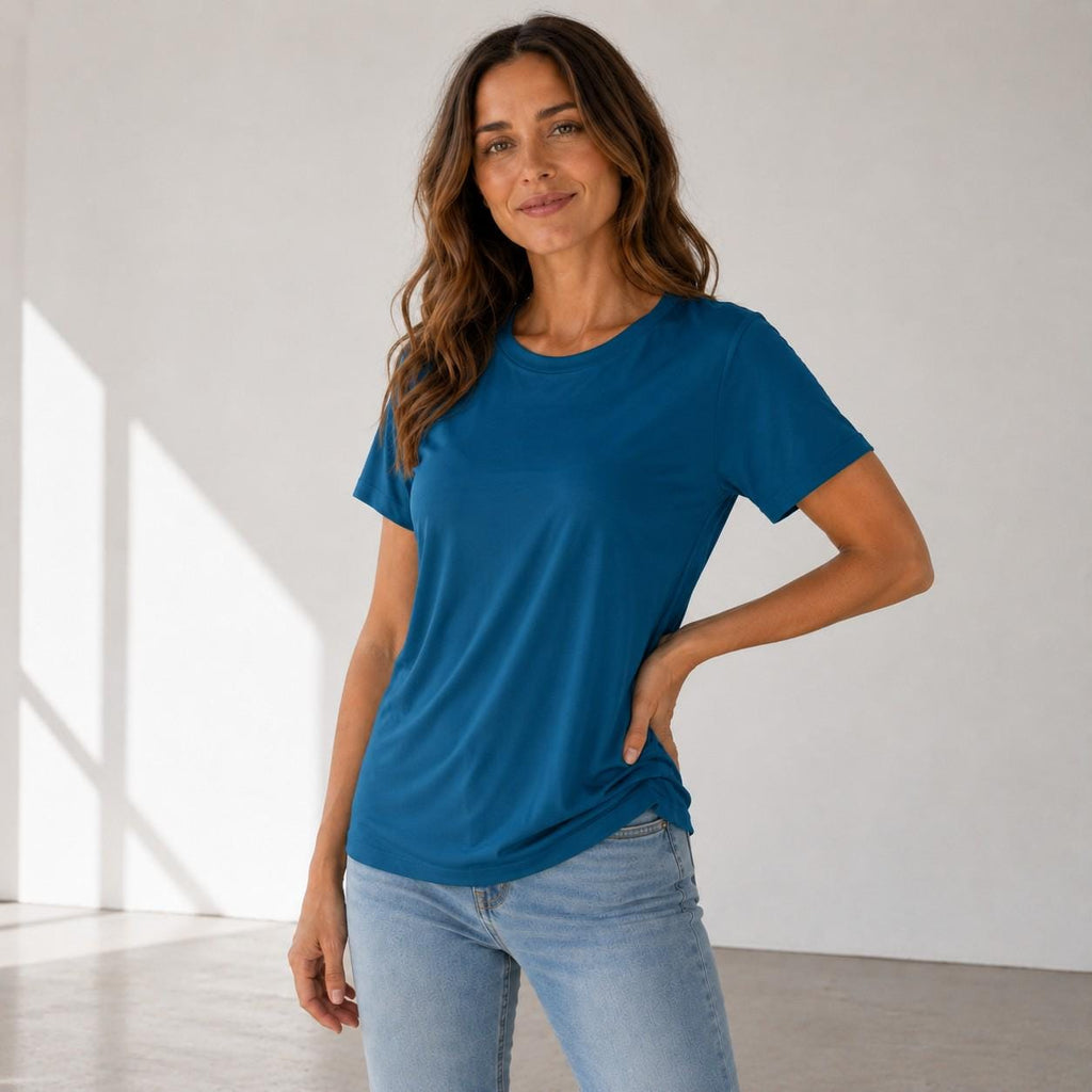 Soft Rayon Spandex Crewneck Tee: Comfortable Everyday Drape