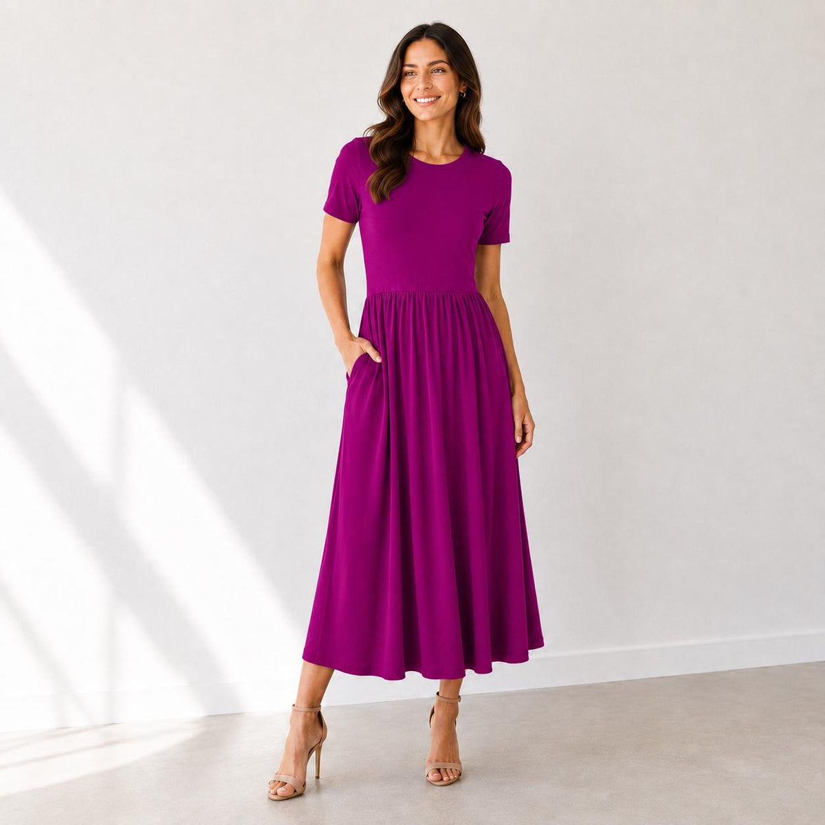 Rayon Spandex Maxi Dress, Crew Neck, Gathered Waist, Pockets, Everyday Wear