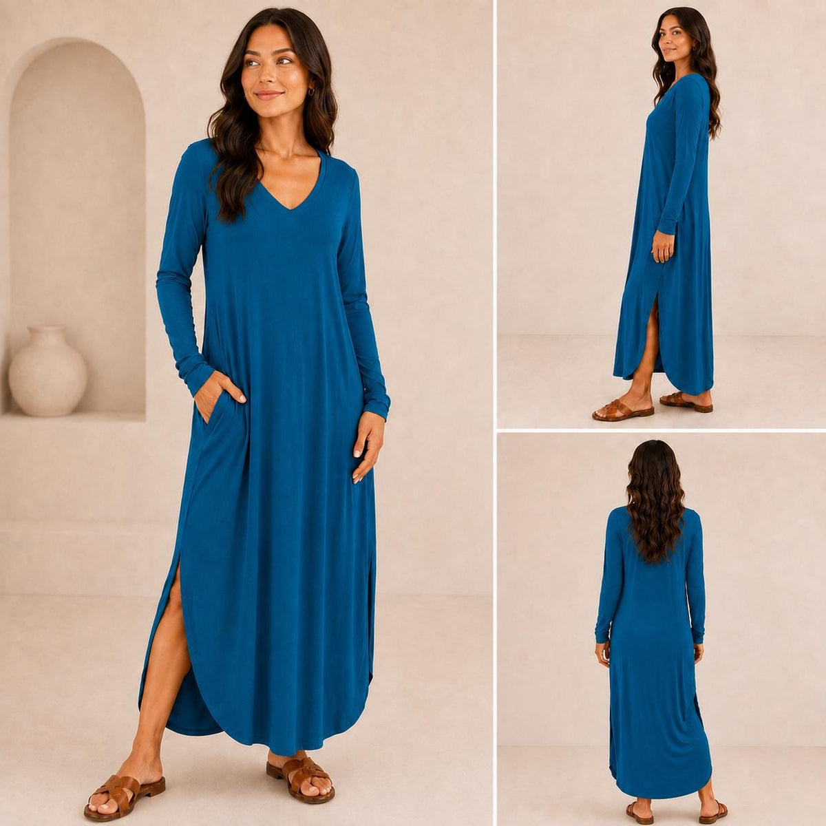 Women's Long Sleeve Maxi Dress: V-Neck, Side Slits, Pockets (Rayon Spandex)