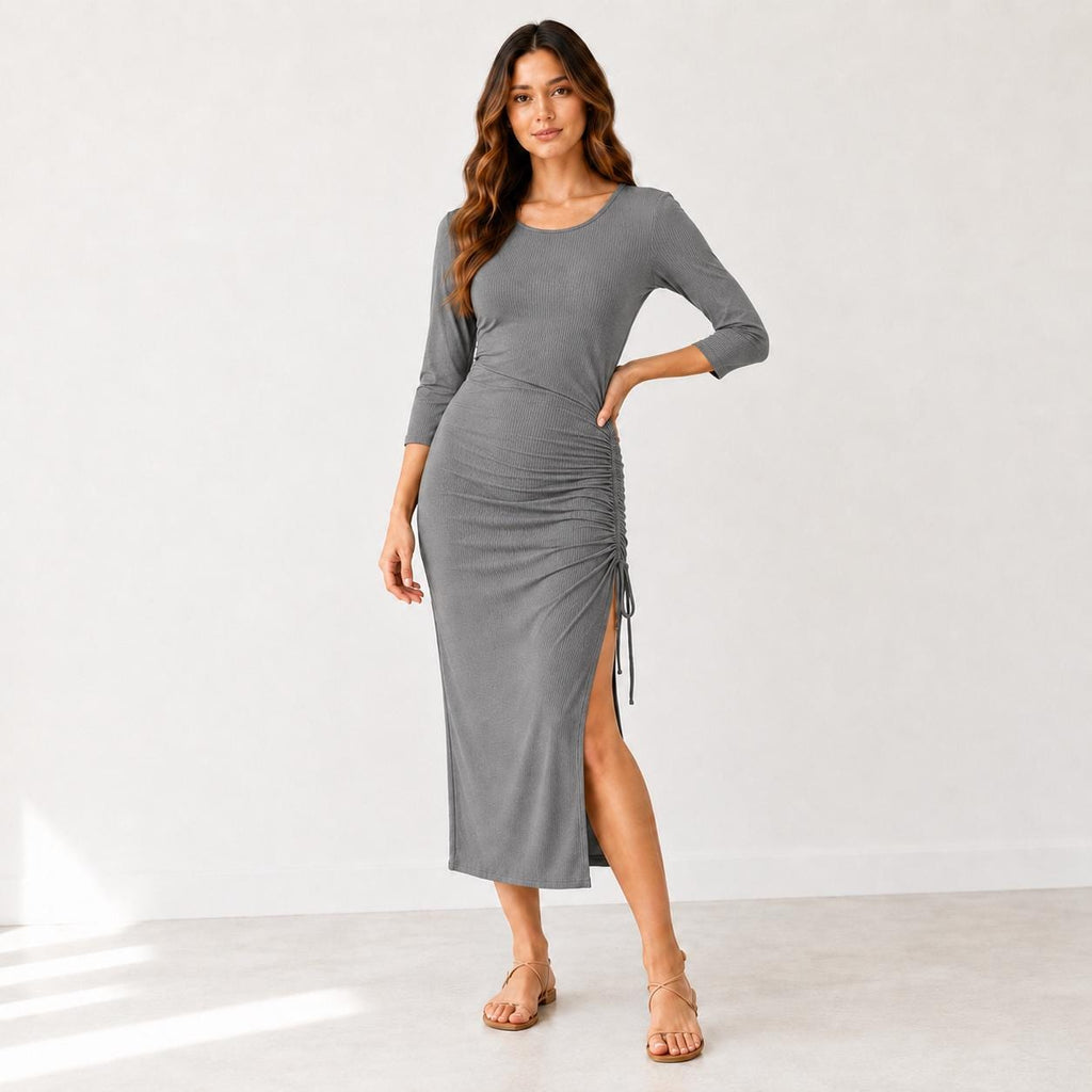 Women's Ruched Side Midi Dress, Rayon Spandex Knit, Adjustable Drawstring, Scoop Neck, 3/4 Sleeve