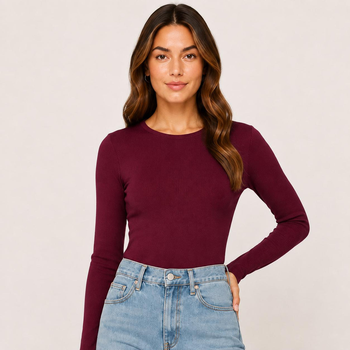 Women's Fitted Rayon Spandex Ribbed Long Sleeve Top, Crew Neck Layering Tee
