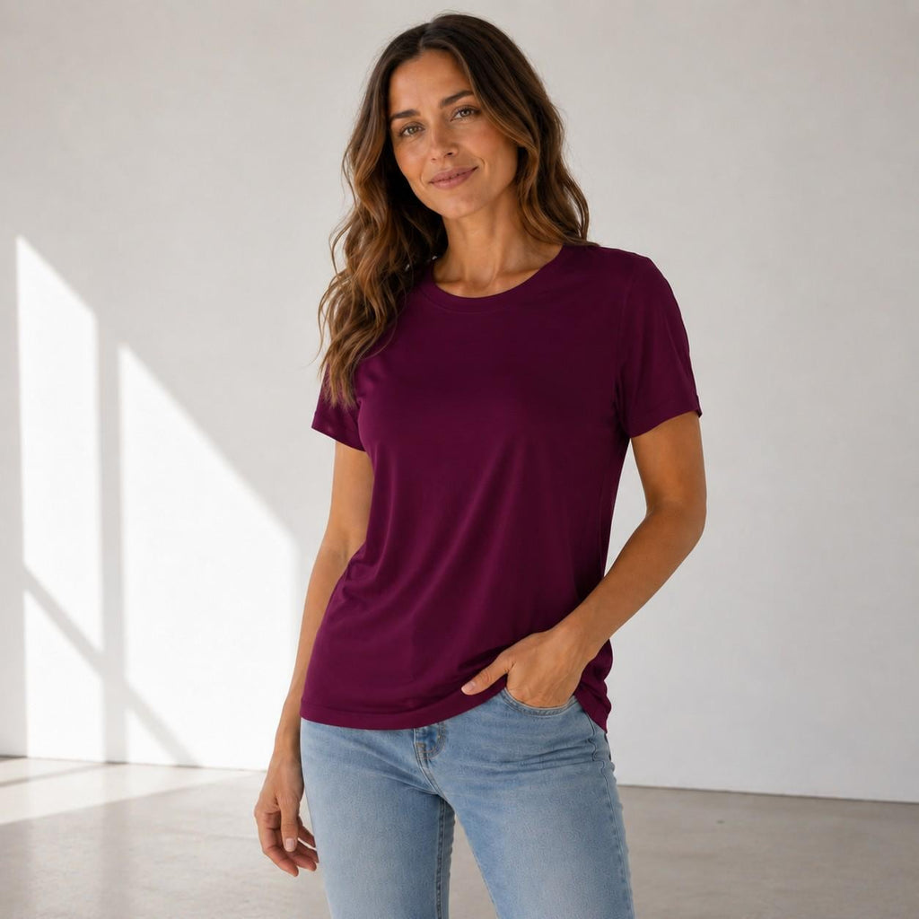 Soft Rayon Spandex Crewneck Tee: Comfortable Everyday Drape