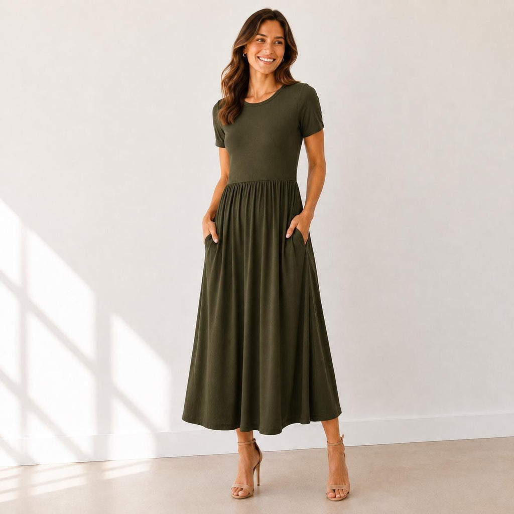 Rayon Spandex Maxi Dress, Crew Neck, Gathered Waist, Pockets, Everyday Wear