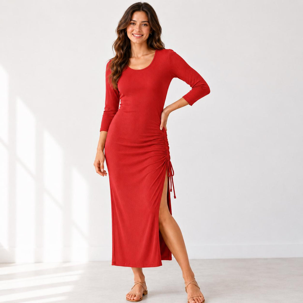 Women's Ruched Side Midi Dress, Rayon Spandex Knit, Adjustable Drawstring, Scoop Neck, 3/4 Sleeve
