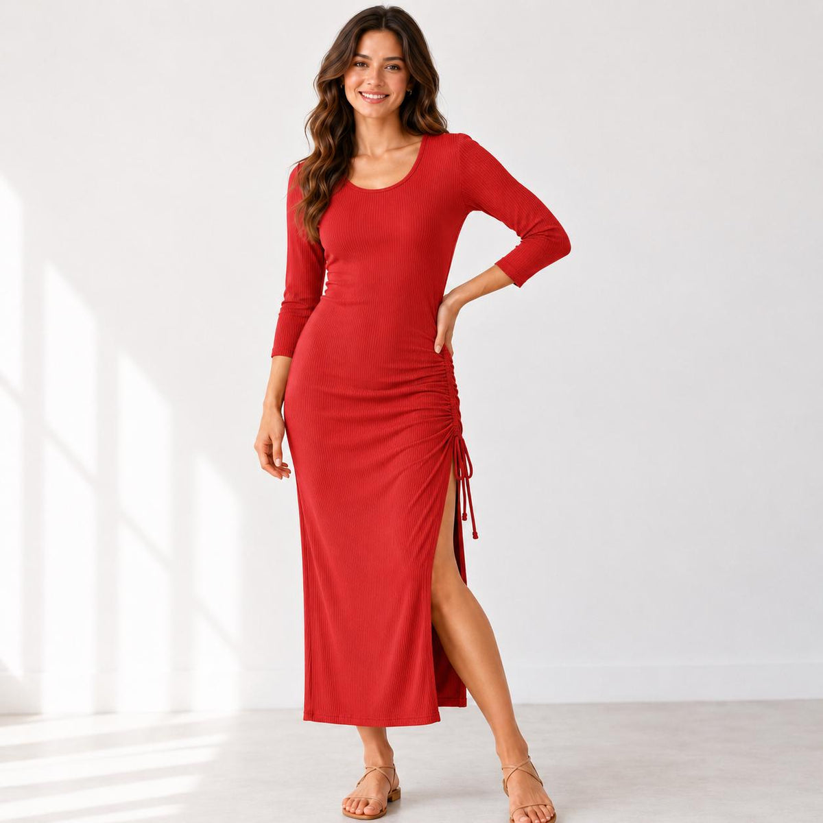 Women's Ruched Side Midi Dress, Rayon Spandex Knit, Adjustable Drawstring, Scoop Neck, 3/4 Sleeve