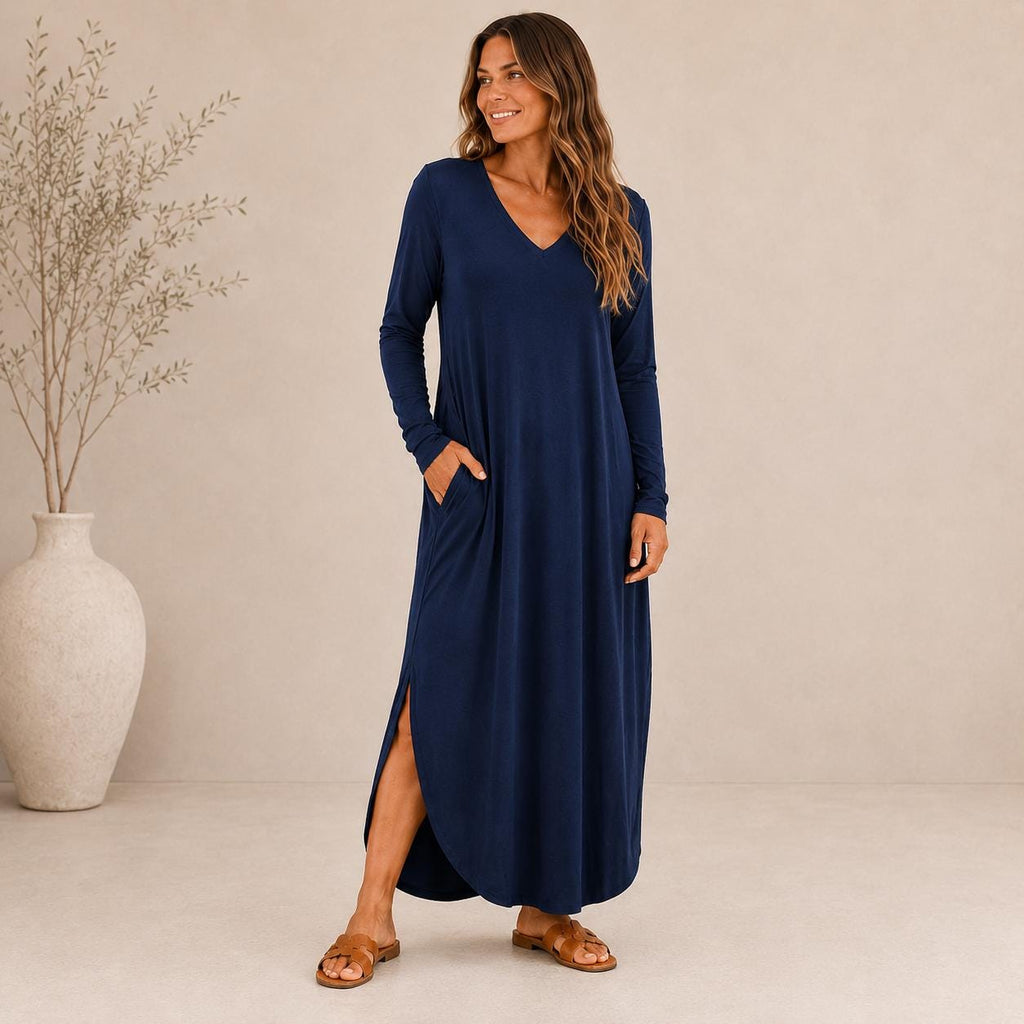 Women's Long Sleeve Maxi Dress: V-Neck, Side Slits, Pockets (Rayon Spandex)
