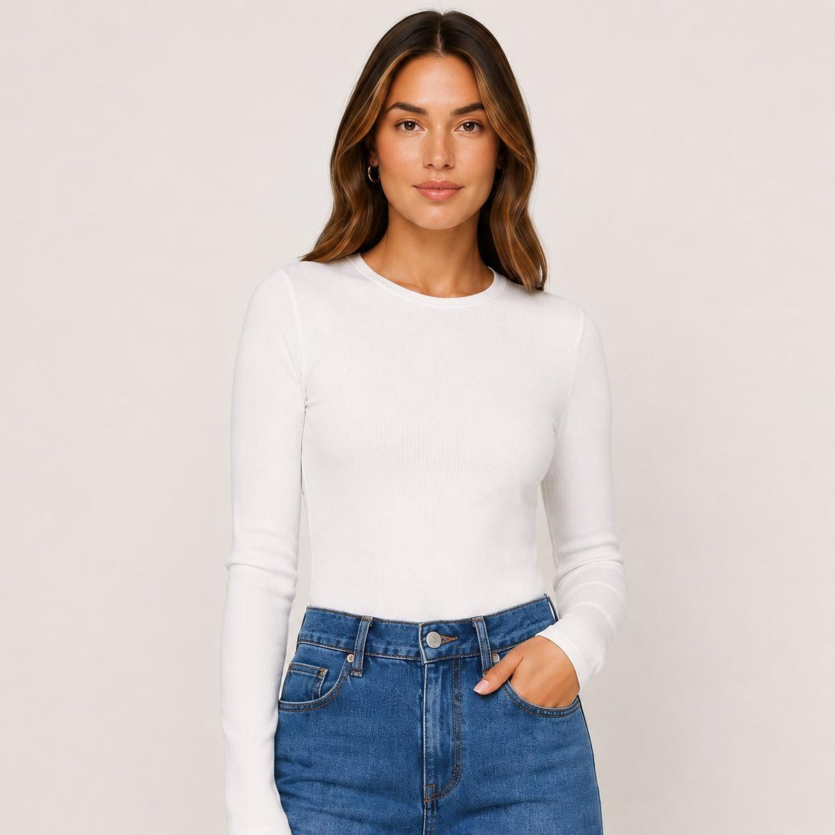 Women's Fitted Rayon Spandex Ribbed Long Sleeve Top, Crew Neck Layering Tee