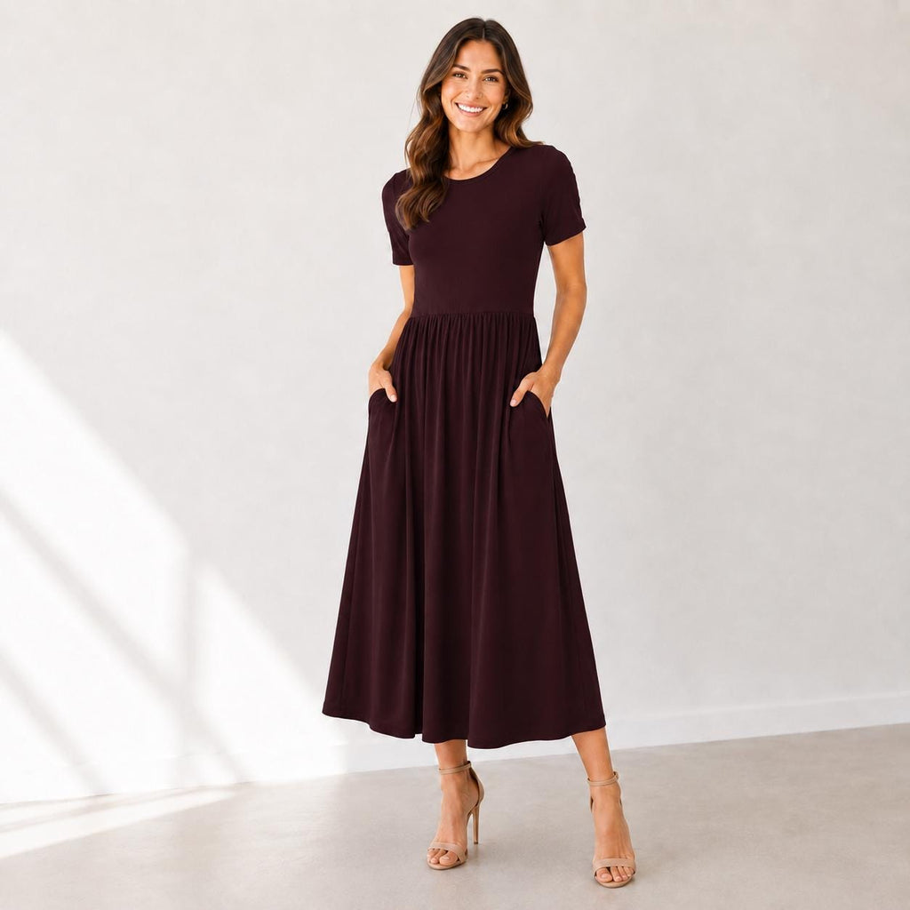 Rayon Spandex Maxi Dress, Crew Neck, Gathered Waist, Pockets, Everyday Wear