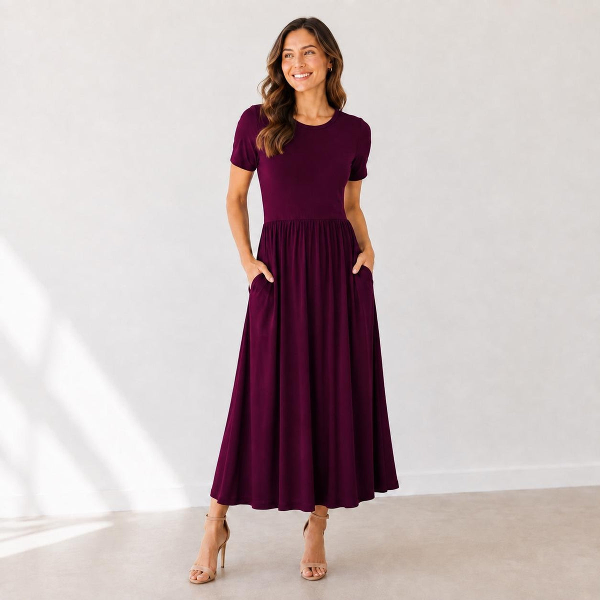 Rayon Spandex Maxi Dress, Crew Neck, Gathered Waist, Pockets, Everyday Wear