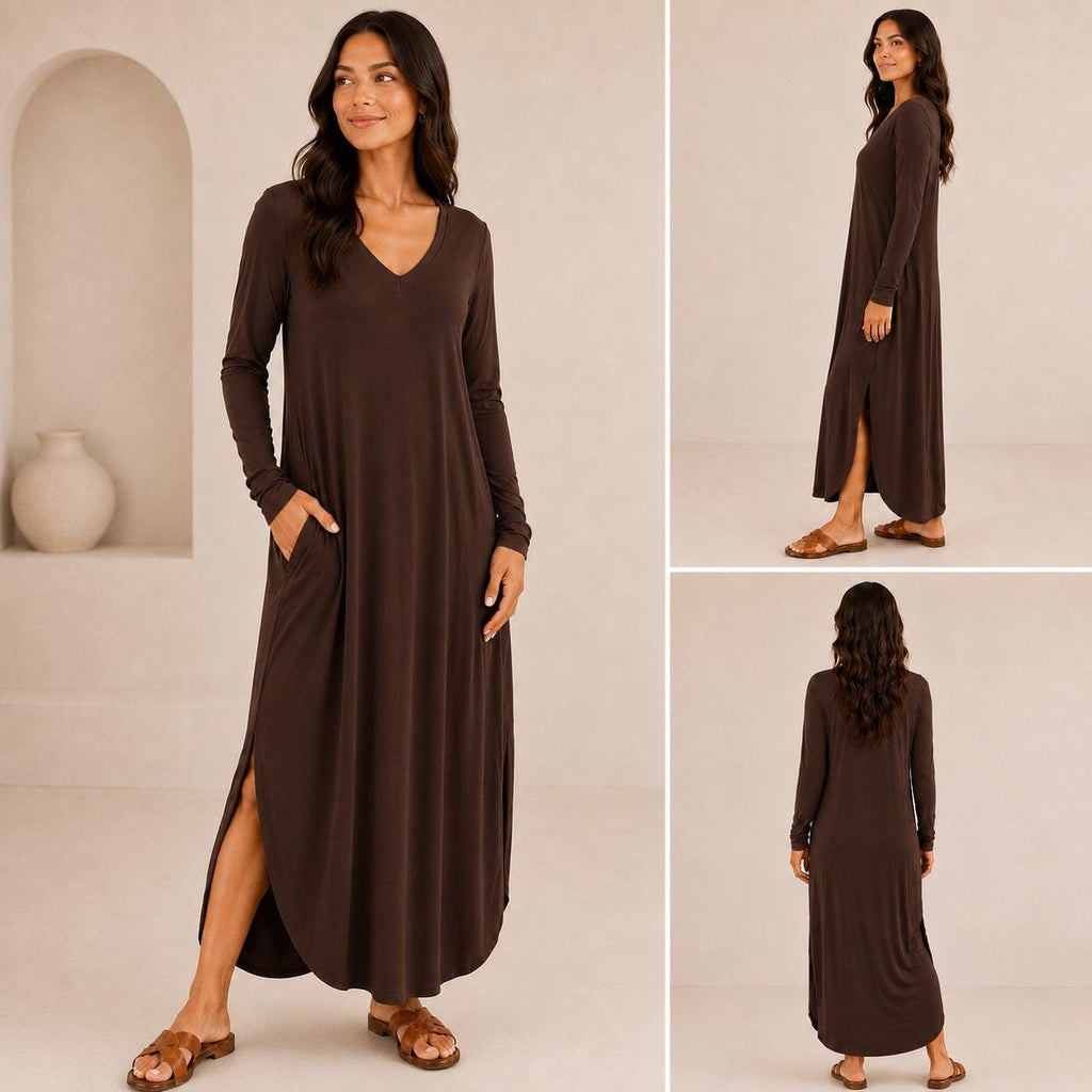 Women's Long Sleeve Maxi Dress: V-Neck, Side Slits, Pockets (Rayon Spandex)