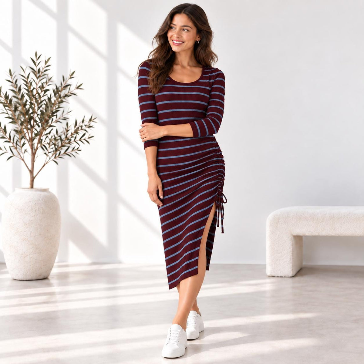Stripe Ribbed Midi Dress, 3/4 Sleeve Ruched Side Dress, Adjustable Drawstring, Fitted Stretch Dress
