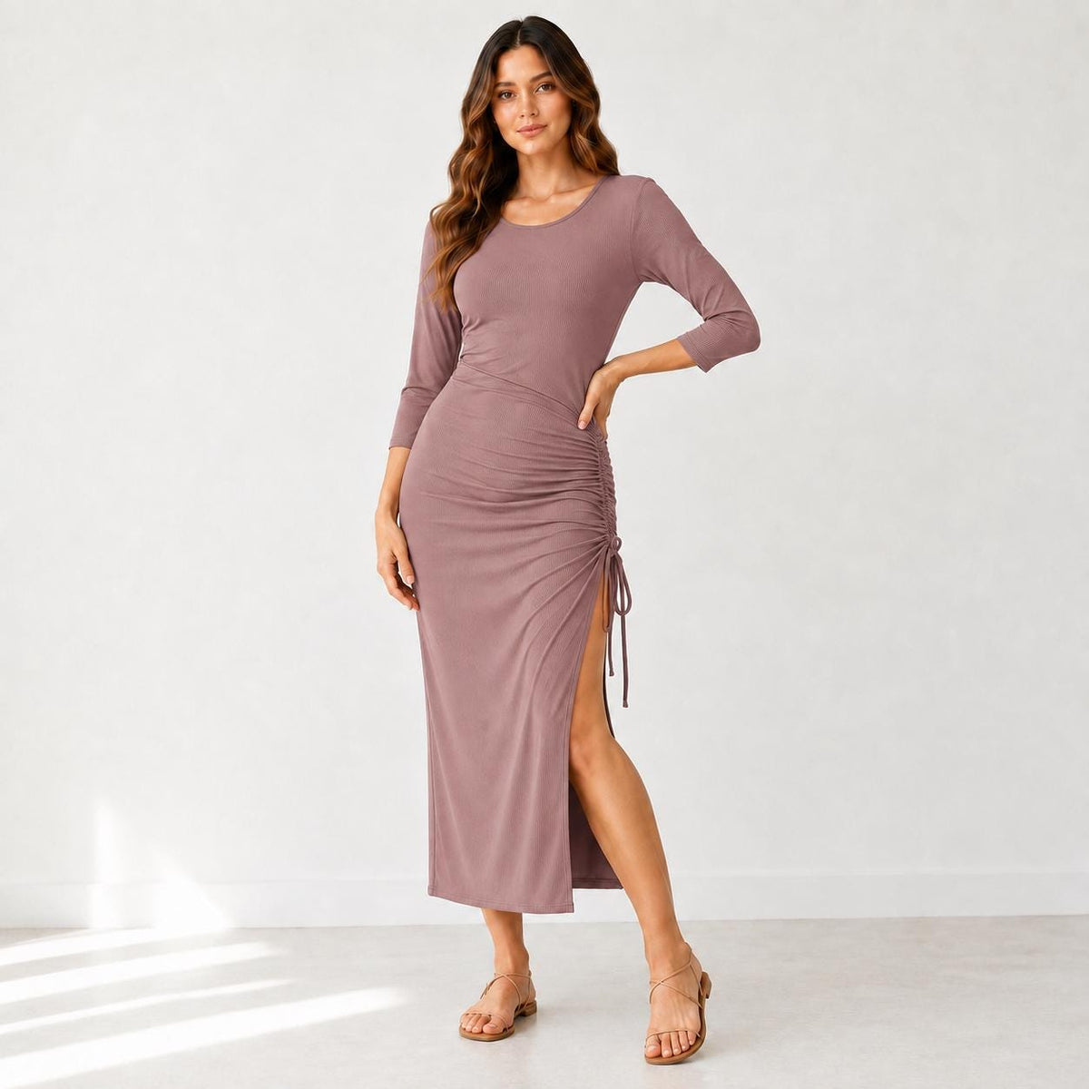 Women's Ruched Side Midi Dress, Rayon Spandex Knit, Adjustable Drawstring, Scoop Neck, 3/4 Sleeve