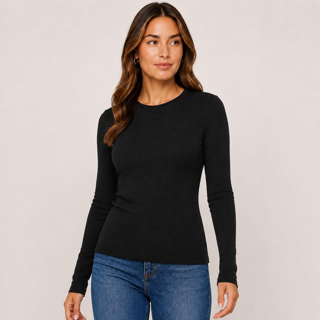 Women's Fitted Rayon Spandex Ribbed Long Sleeve Top, Crew Neck Layering Tee