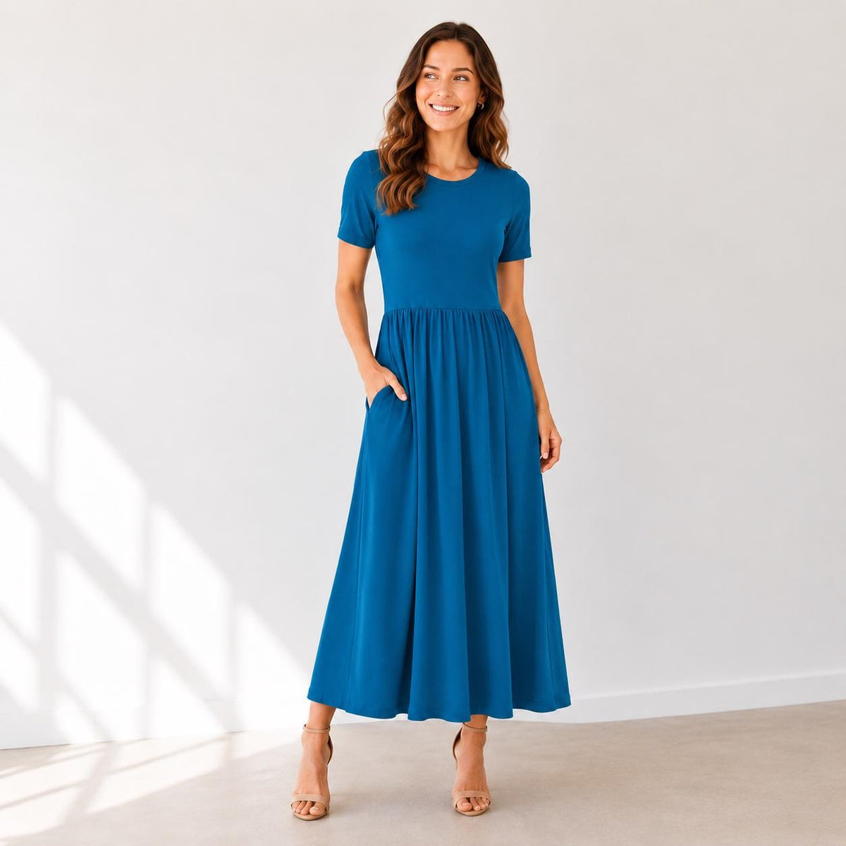 Rayon Spandex Maxi Dress, Crew Neck, Gathered Waist, Pockets, Everyday Wear