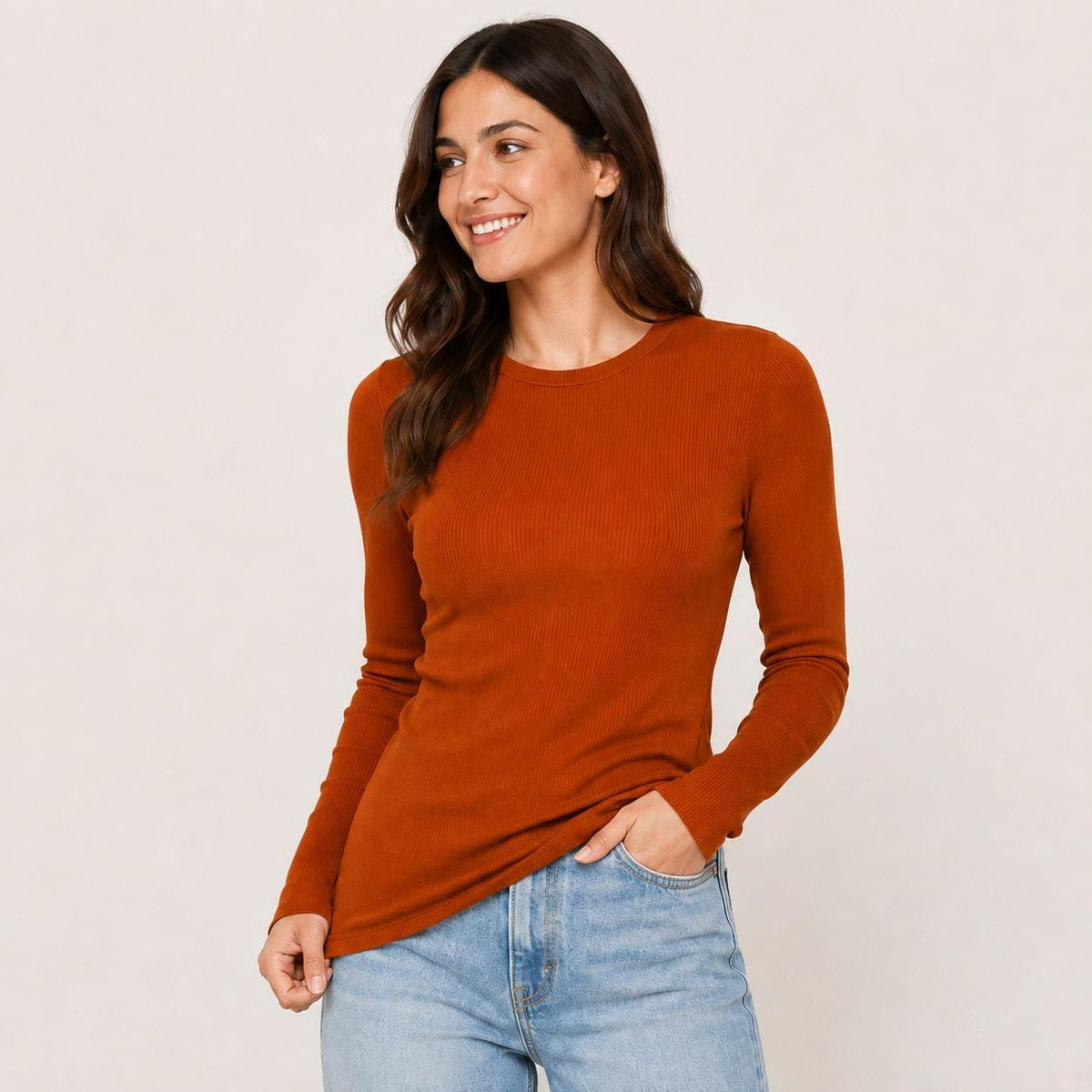 Women's Fitted Rayon Spandex Ribbed Long Sleeve Top, Crew Neck Layering Tee