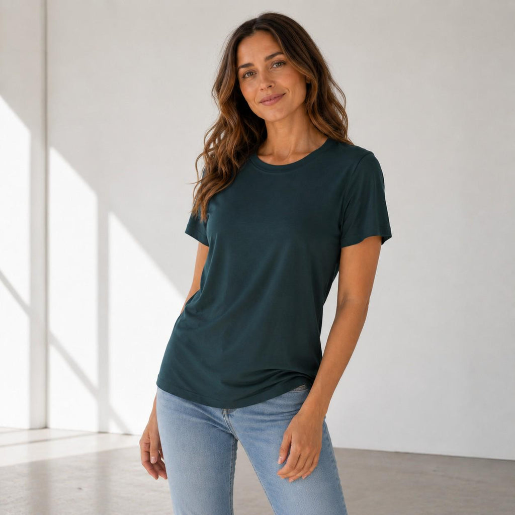 Soft Rayon Spandex Crewneck Tee: Comfortable Everyday Drape