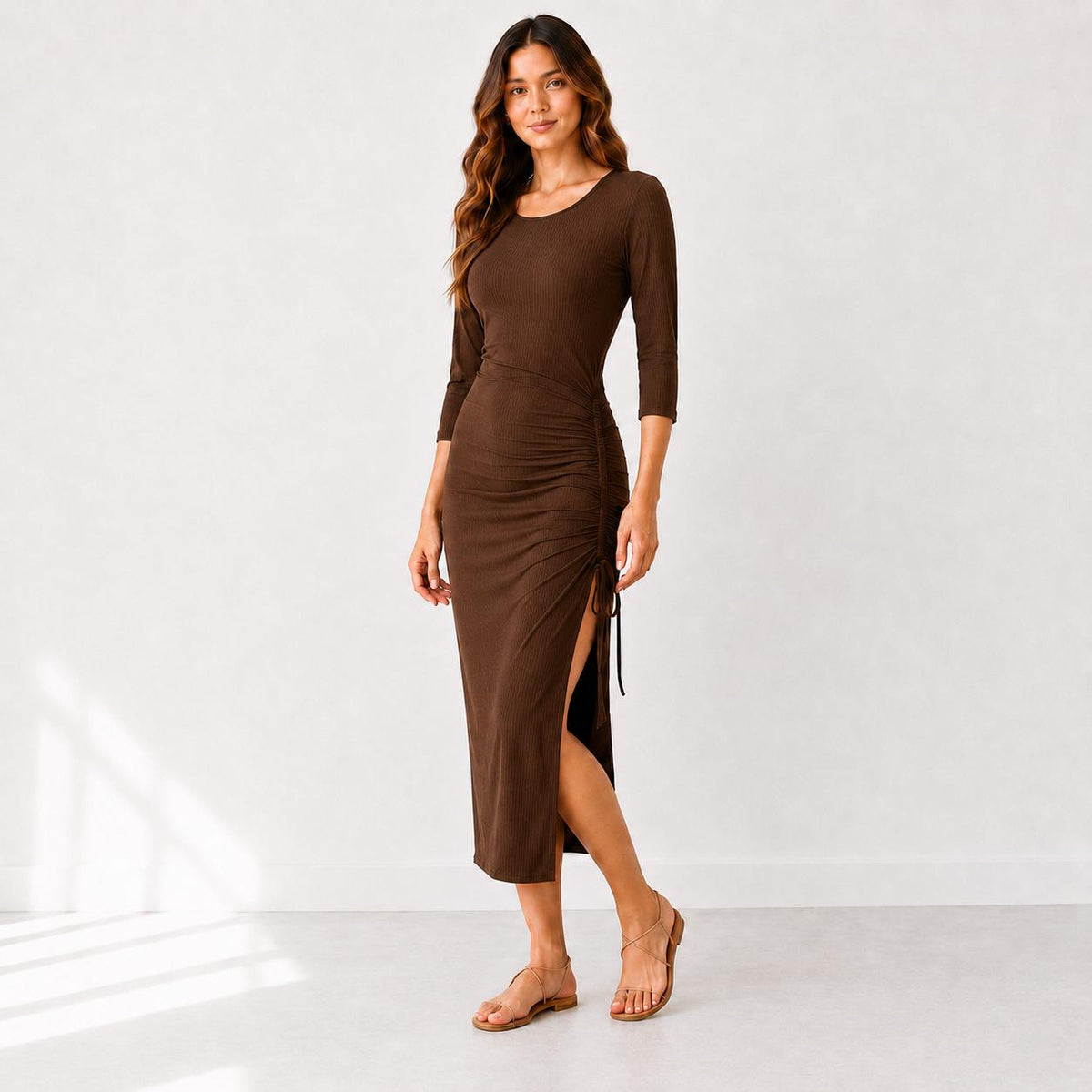 Women's Ruched Side Midi Dress, Rayon Spandex Knit, Adjustable Drawstring, Scoop Neck, 3/4 Sleeve