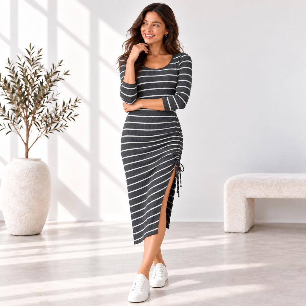 Stripe Ribbed Midi Dress, 3/4 Sleeve Ruched Side Dress, Adjustable Drawstring, Fitted Stretch Dress